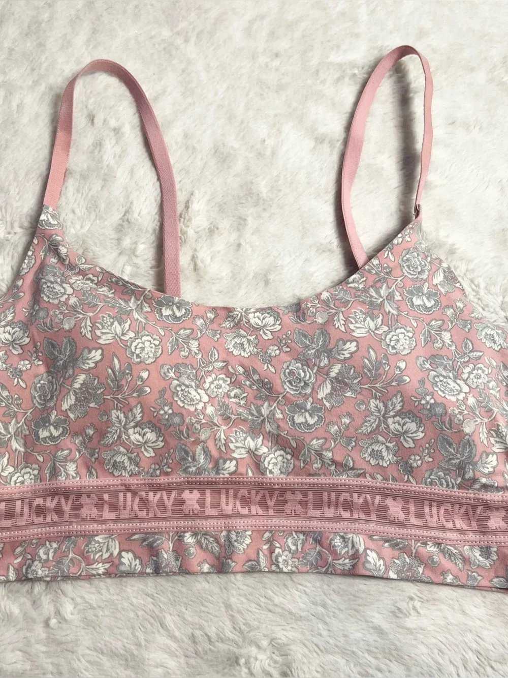 Lucky Brand Pink & Gray Floral Logo Band Bralette Size Medium Wireless Comfort